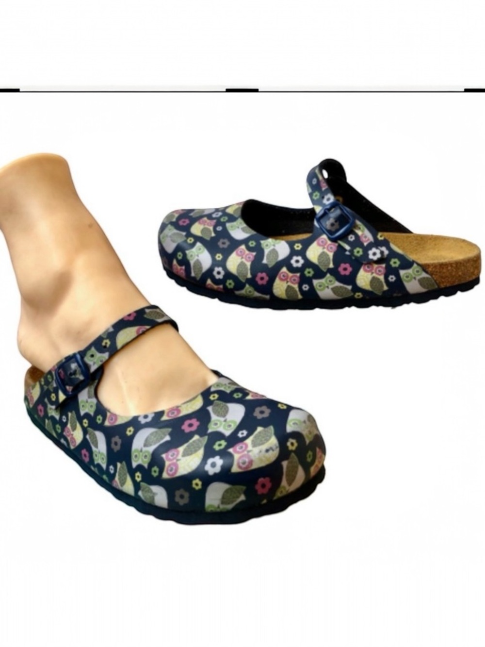 BIOFIT Womens 6 Mary Jane Clogs OWL Print Cork Footbed Navy Blue Shoes